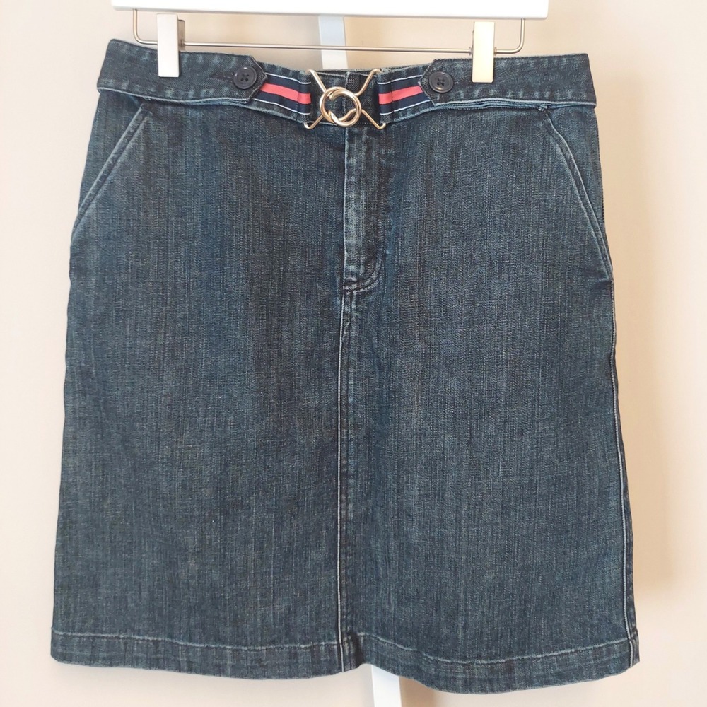 Talbots Womens Denim Skirt Size 10 Dark Wash Stretch Ribbon‎ Accent Preppy 90s